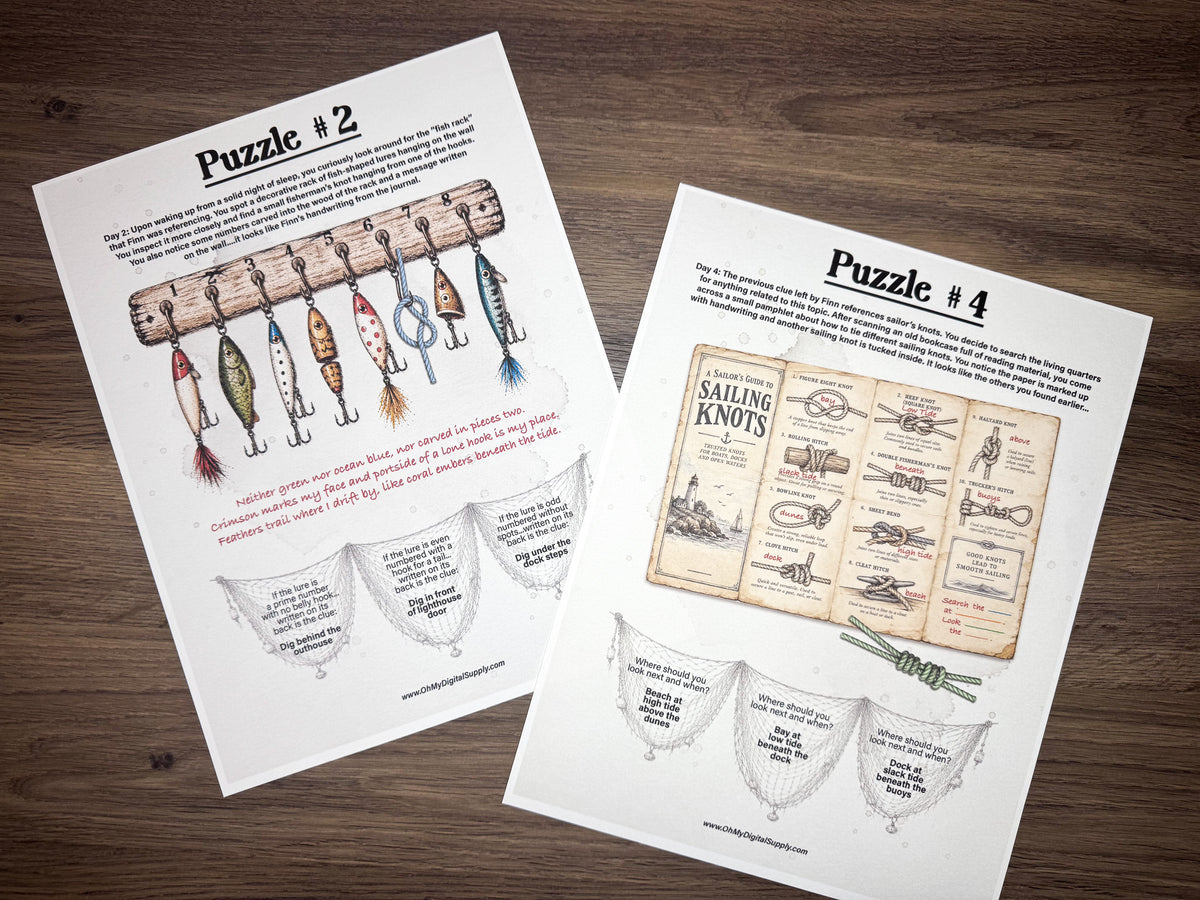 A printable escape room puzzle game called Brinewater Bay with various puzzle sheets, story sheets, instructions, and facilitator guide all in printable PDF format. A 30 minute group activity for team-building or use as an icebreaker game.