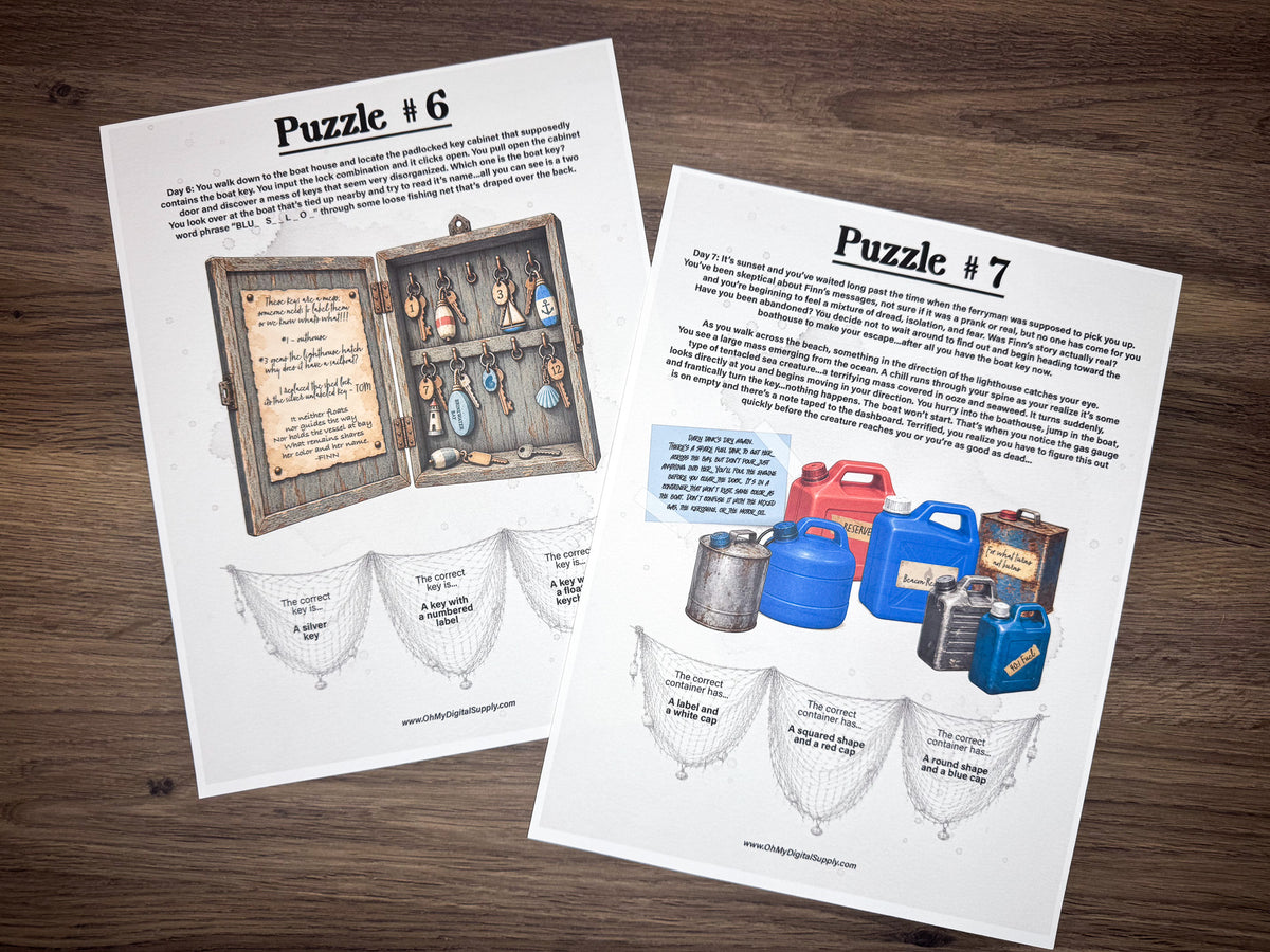 A printable escape room puzzle game called Brinewater Bay with various puzzle sheets, story sheets, instructions, and facilitator guide all in printable PDF format. A 30 minute group activity for team-building or use as an icebreaker game.
