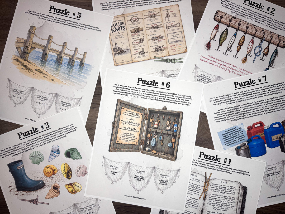 A printable escape room puzzle game called Brinewater Bay with various puzzle sheets, story sheets, instructions, and facilitator guide all in printable PDF format. A 30 minute group activity for team-building or use as an icebreaker game.