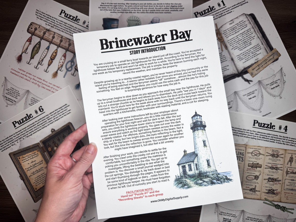 A printable escape room puzzle game called Brinewater Bay with various puzzle sheets, story sheets, instructions, and facilitator guide all in printable PDF format. A 30 minute group activity for team-building or use as an icebreaker game.