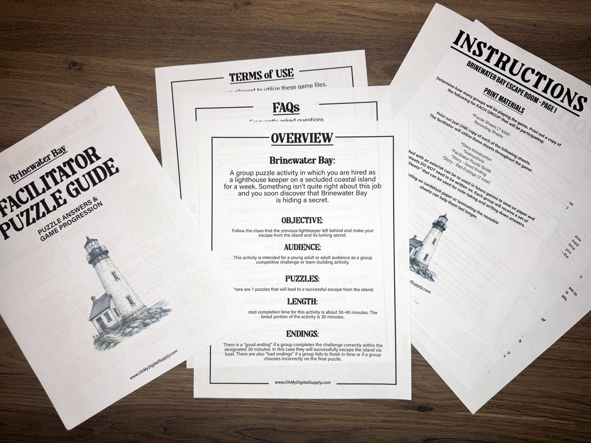 A printable escape room puzzle game called Brinewater Bay with various puzzle sheets, story sheets, instructions, and facilitator guide all in printable PDF format. A 30 minute group activity for team-building or use as an icebreaker game.