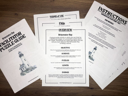 A printable escape room puzzle game called Brinewater Bay with various puzzle sheets, story sheets, instructions, and facilitator guide all in printable PDF format. A 30 minute group activity for team-building or use as an icebreaker game.