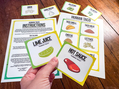 A printable team-building activity and group icebreaker game called Human Taco that includes an instructions sheet and taco ingredient cards that can be cut out. The printable sheets are downloadable PDF files.