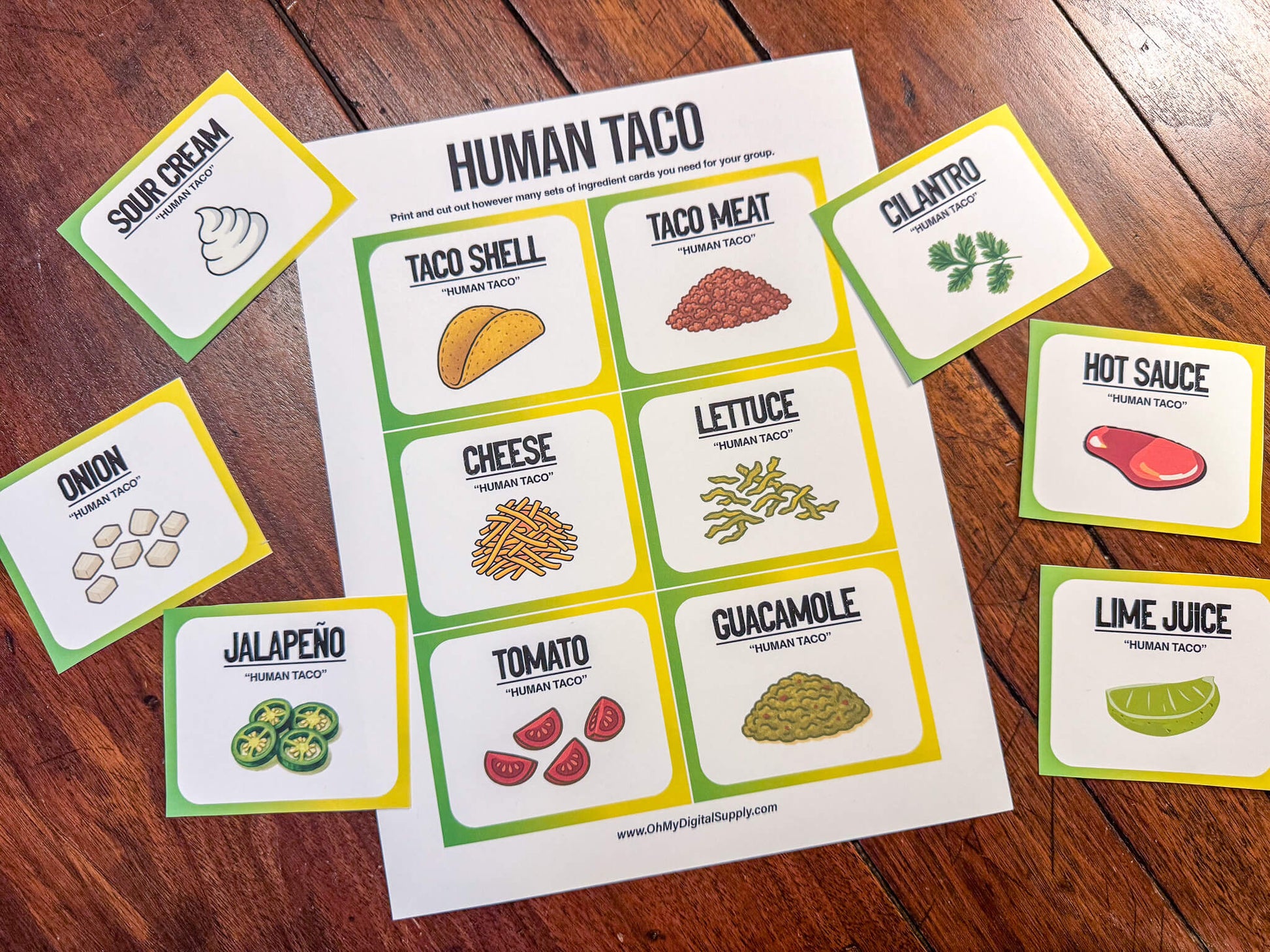 A printable team-building activity and group icebreaker game called Human Taco that includes an instructions sheet and taco ingredient cards that can be cut out. The printable sheets are downloadable PDF files.