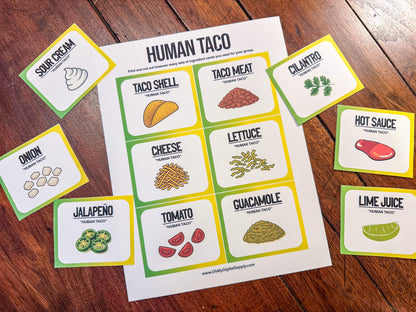 A printable team-building activity and group icebreaker game called Human Taco that includes an instructions sheet and taco ingredient cards that can be cut out. The printable sheets are downloadable PDF files.