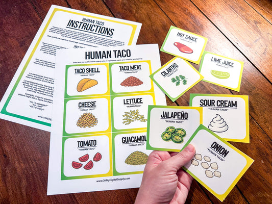A printable team-building activity and group icebreaker game called Human Taco that includes an instructions sheet and taco ingredient cards that can be cut out. The printable sheets are downloadable PDF files.