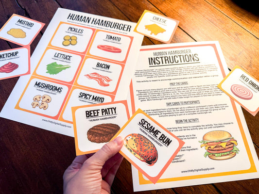 A printable team-building activity and group icebreaker game called Human Hamburger that includes an instructions sheet and hamburger ingredient cards that can be cut out. The printable sheets are downloadable PDF files.