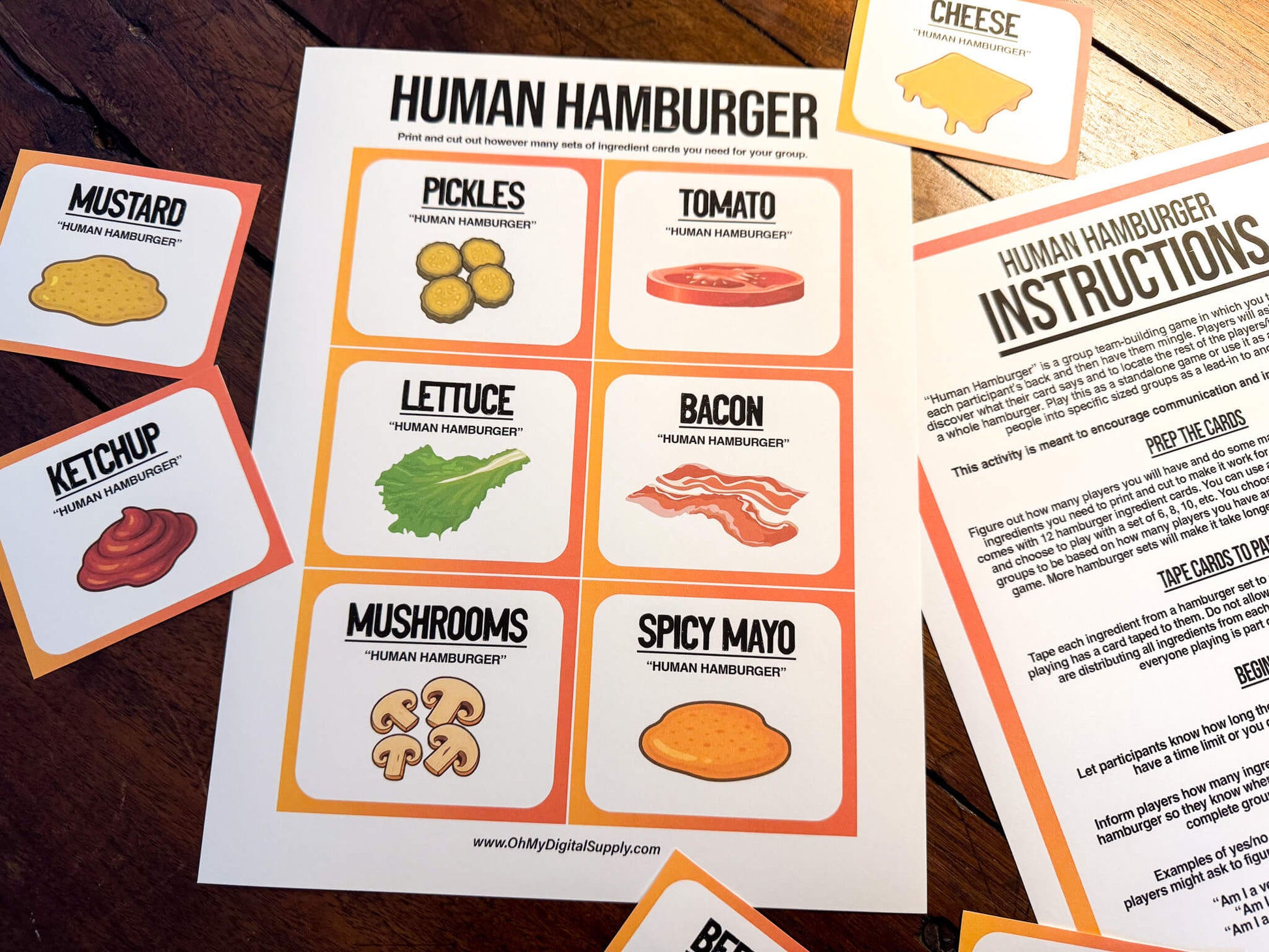 A printable team-building activity and group icebreaker game called Human Hamburger that includes an instructions sheet and hamburger ingredient cards that can be cut out. The printable sheets are downloadable PDF files.