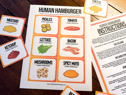 A printable team-building activity and group icebreaker game called Human Hamburger that includes an instructions sheet and hamburger ingredient cards that can be cut out. The printable sheets are downloadable PDF files.