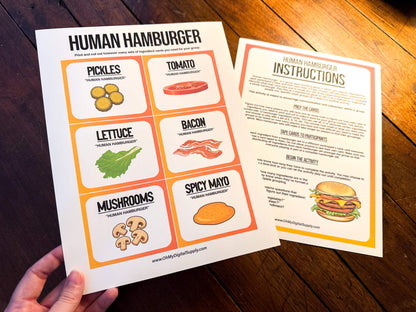 A printable team-building activity and group icebreaker game called Human Hamburger that includes an instructions sheet and hamburger ingredient cards that can be cut out. The printable sheets are downloadable PDF files.