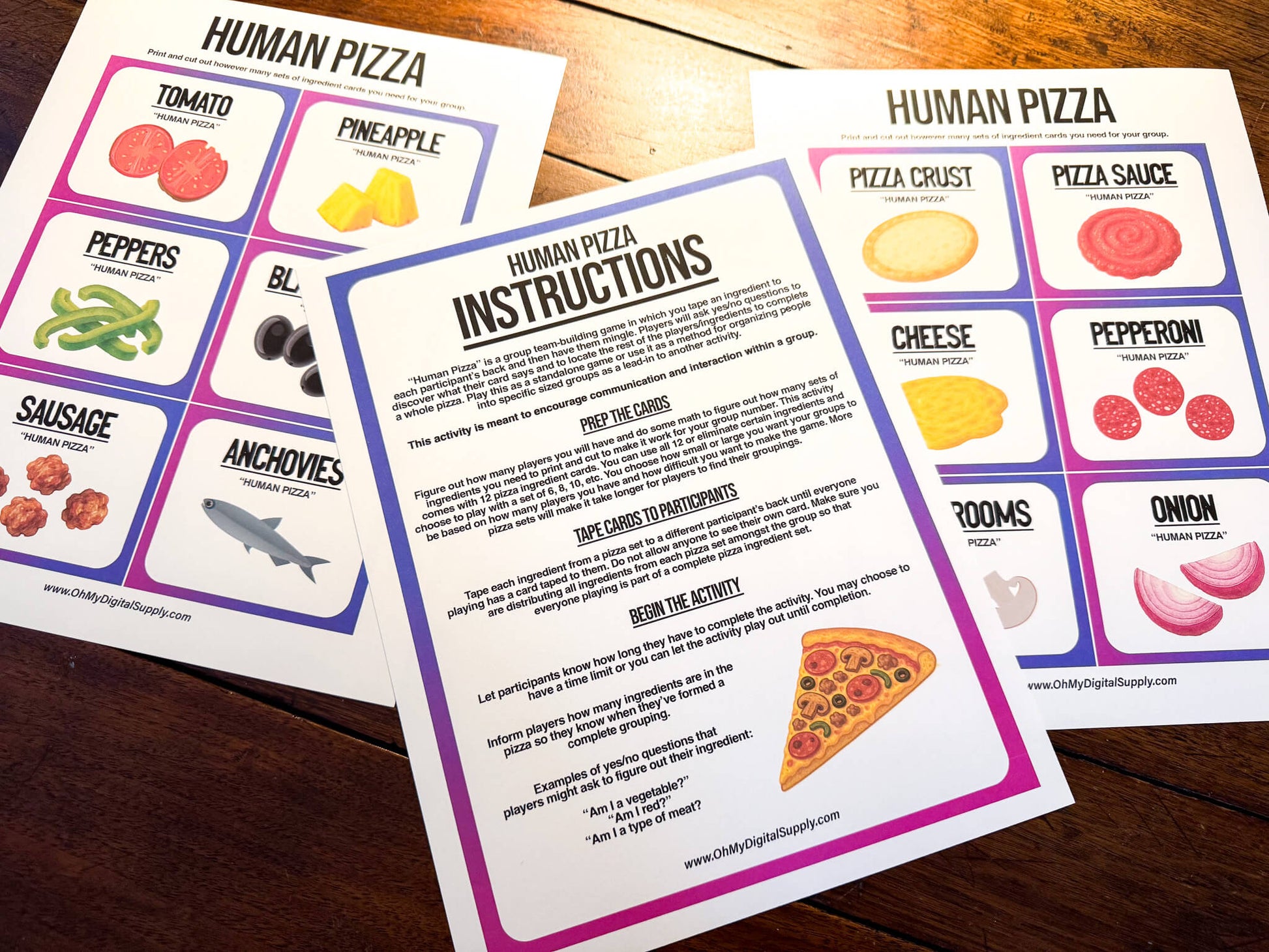 A printable team-building activity and group icebreaker game called Human Pizza that includes an instructions sheet and pizza ingredient cards that can be cut out. The printable sheets are downloadable PDF files.