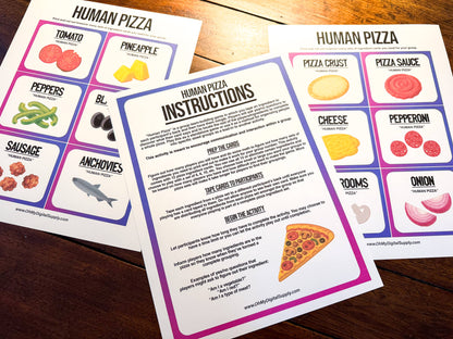 A printable team-building activity and group icebreaker game called Human Pizza that includes an instructions sheet and pizza ingredient cards that can be cut out. The printable sheets are downloadable PDF files.