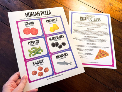 A printable team-building activity and group icebreaker game called Human Pizza that includes an instructions sheet and pizza ingredient cards that can be cut out. The printable sheets are downloadable PDF files.