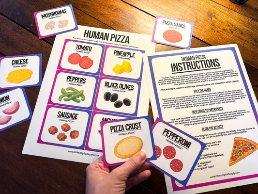 A printable team-building activity and group icebreaker game called Human Pizza that includes an instructions sheet and pizza ingredient cards that can be cut out. The printable sheets are downloadable PDF files.