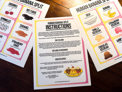 A printable team-building activity and group icebreaker game called Human Banana Split that includes an instructions sheet and banana split ingredient cards that can be cut out. The printable sheets are downloadable PDF files.