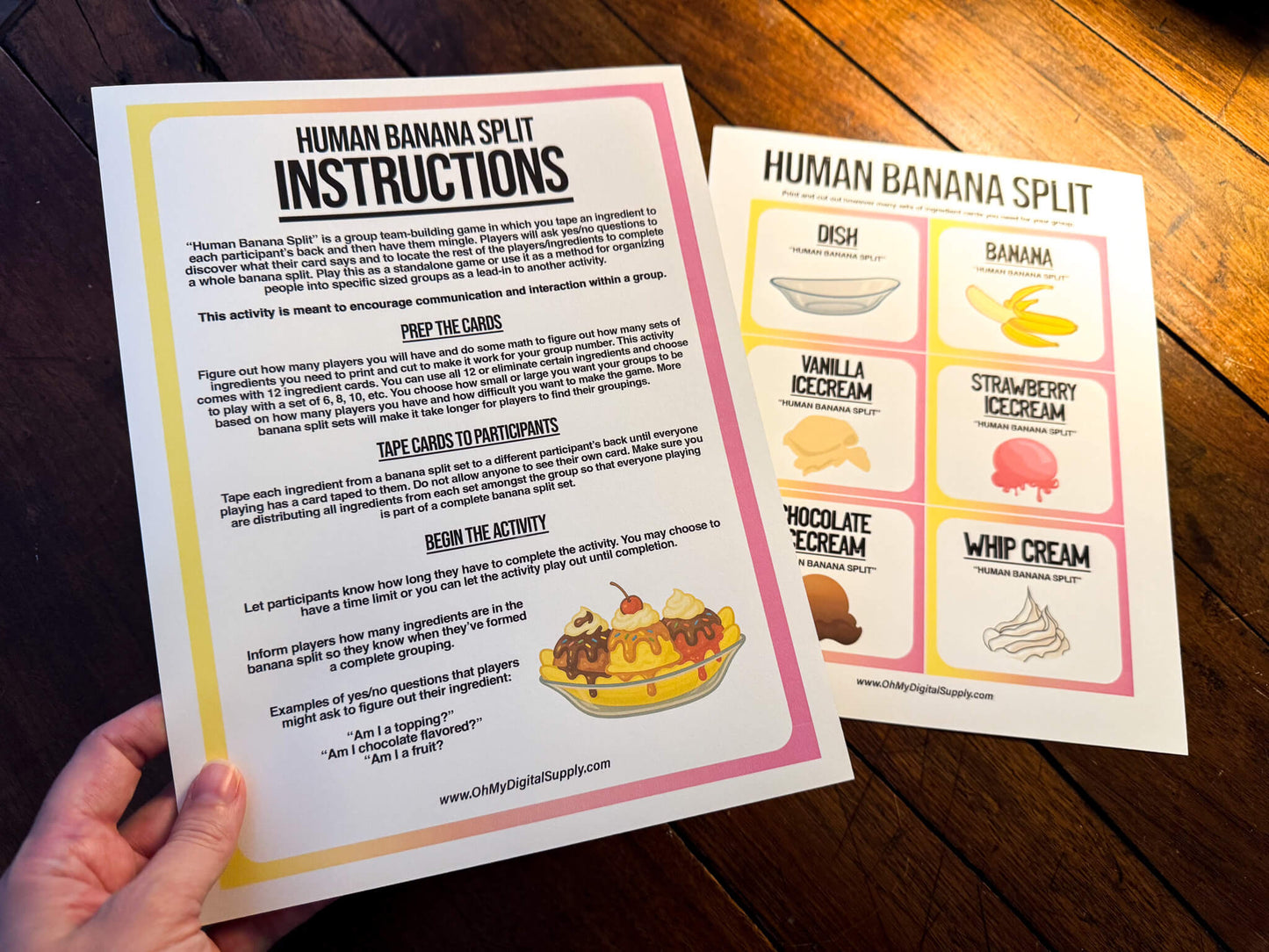 A printable team-building activity and group icebreaker game called Human Banana Split that includes an instructions sheet and banana split ingredient cards that can be cut out. The printable sheets are downloadable PDF files.