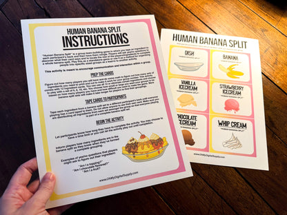 A printable team-building activity and group icebreaker game called Human Banana Split that includes an instructions sheet and banana split ingredient cards that can be cut out. The printable sheets are downloadable PDF files.