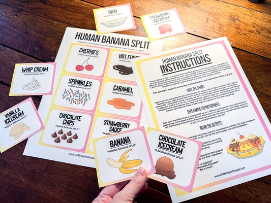 A printable team-building activity and group icebreaker game called Human Banana Split that includes an instructions sheet and banana split ingredient cards that can be cut out. The printable sheets are downloadable PDF files.