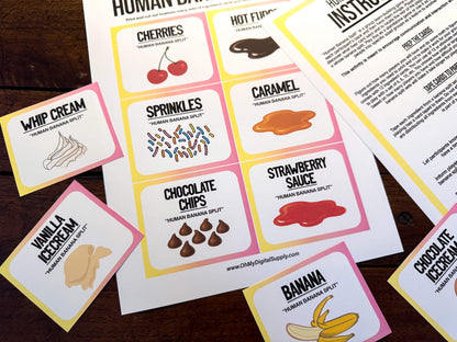 A printable team-building activity and group icebreaker game called Human Banana Split that includes an instructions sheet and banana split ingredient cards that can be cut out. The printable sheets are downloadable PDF files.