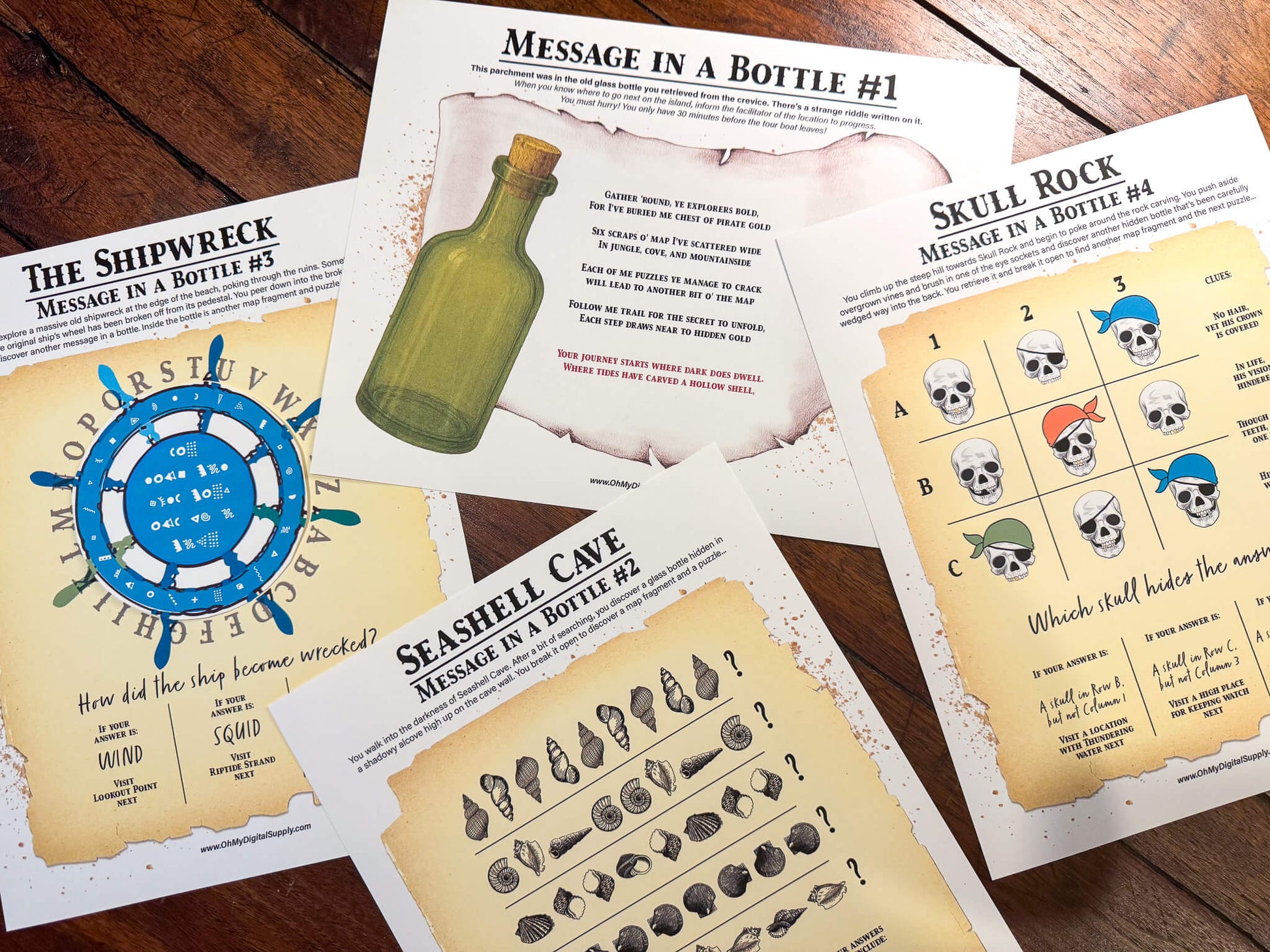 A printable group escape room game called Pirate Plunder. This tropical island themed team building activity involves 7 puzzles with a final lock combination that must be solved in order to unlock the pirate treasure.