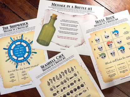 A printable group escape room game called Pirate Plunder. This tropical island themed team building activity involves 7 puzzles with a final lock combination that must be solved in order to unlock the pirate treasure.
