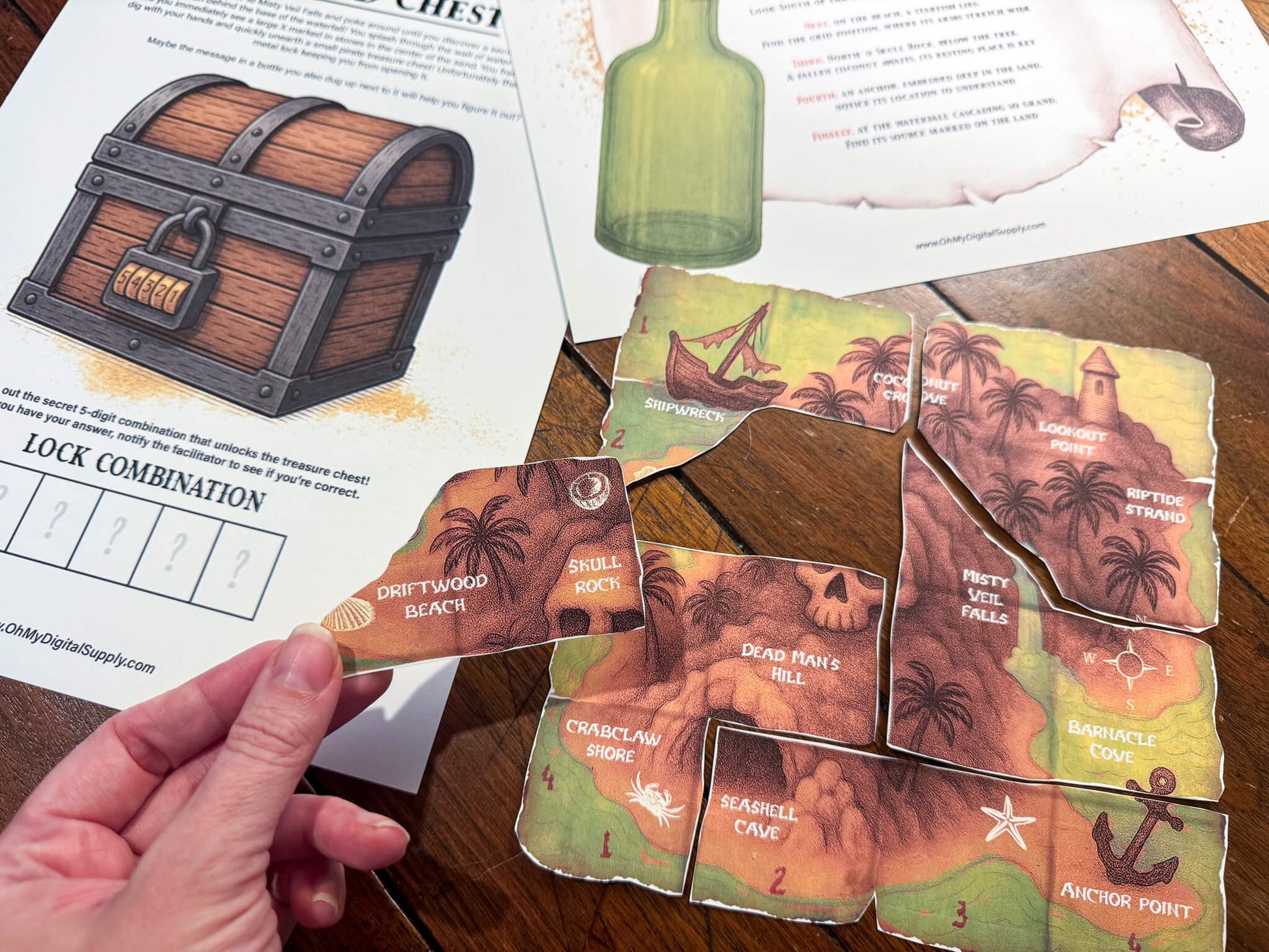 A printable group escape room game called Pirate Plunder. This tropical island themed team building activity involves 7 puzzles with a final lock combination that must be solved in order to unlock the pirate treasure.