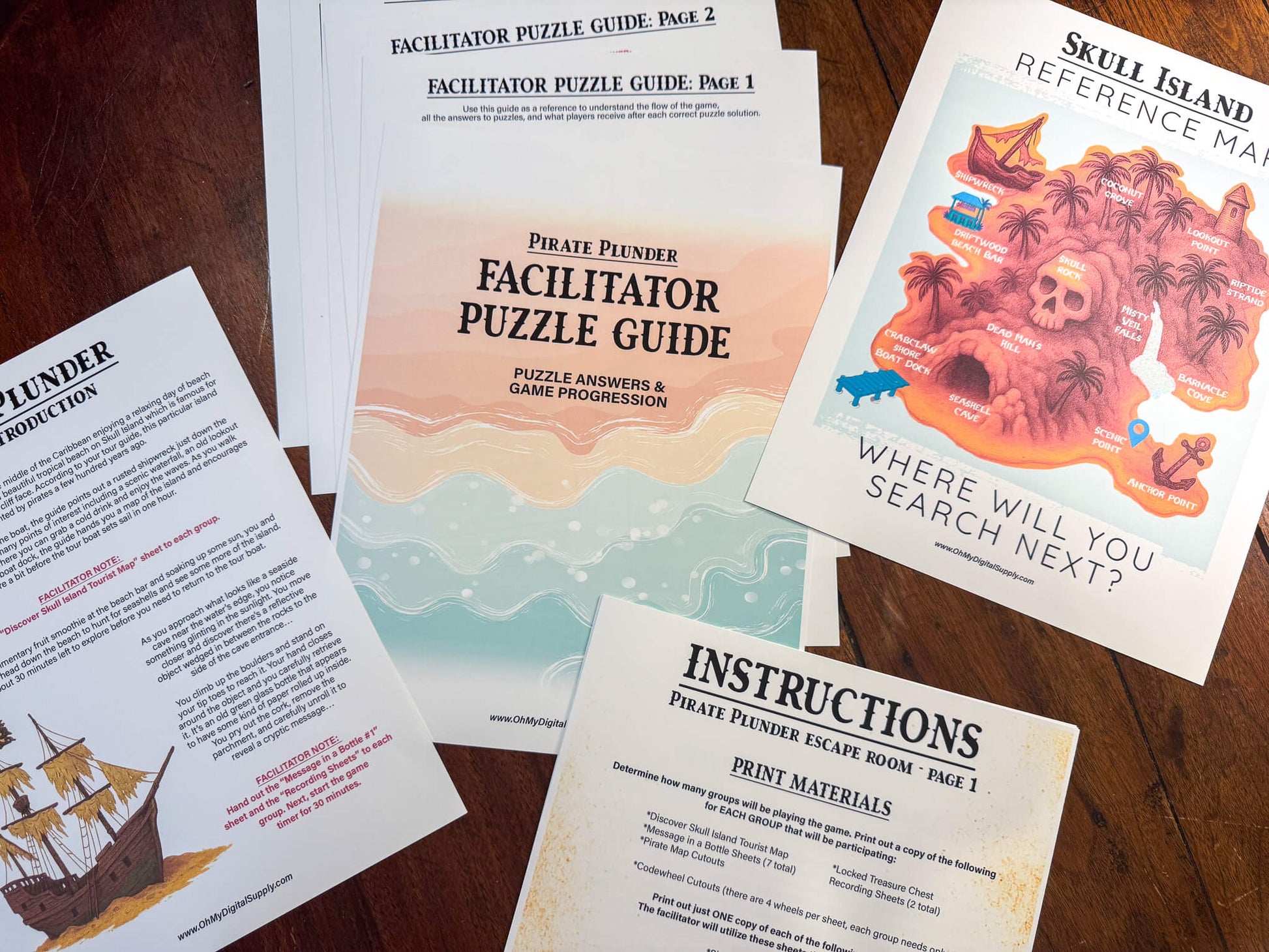 A printable group escape room game called Pirate Plunder. This tropical island themed team building activity involves 7 puzzles with a final lock combination that must be solved in order to unlock the pirate treasure.