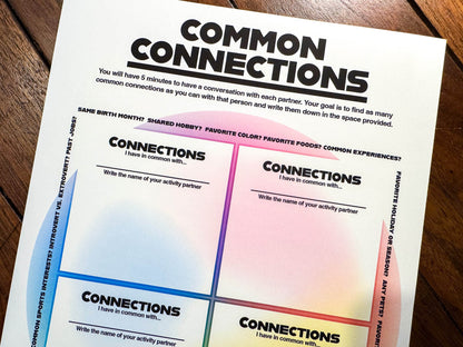 Common Connections one-on-one icebreaker activity and team-building game printable worksheet and instructions.