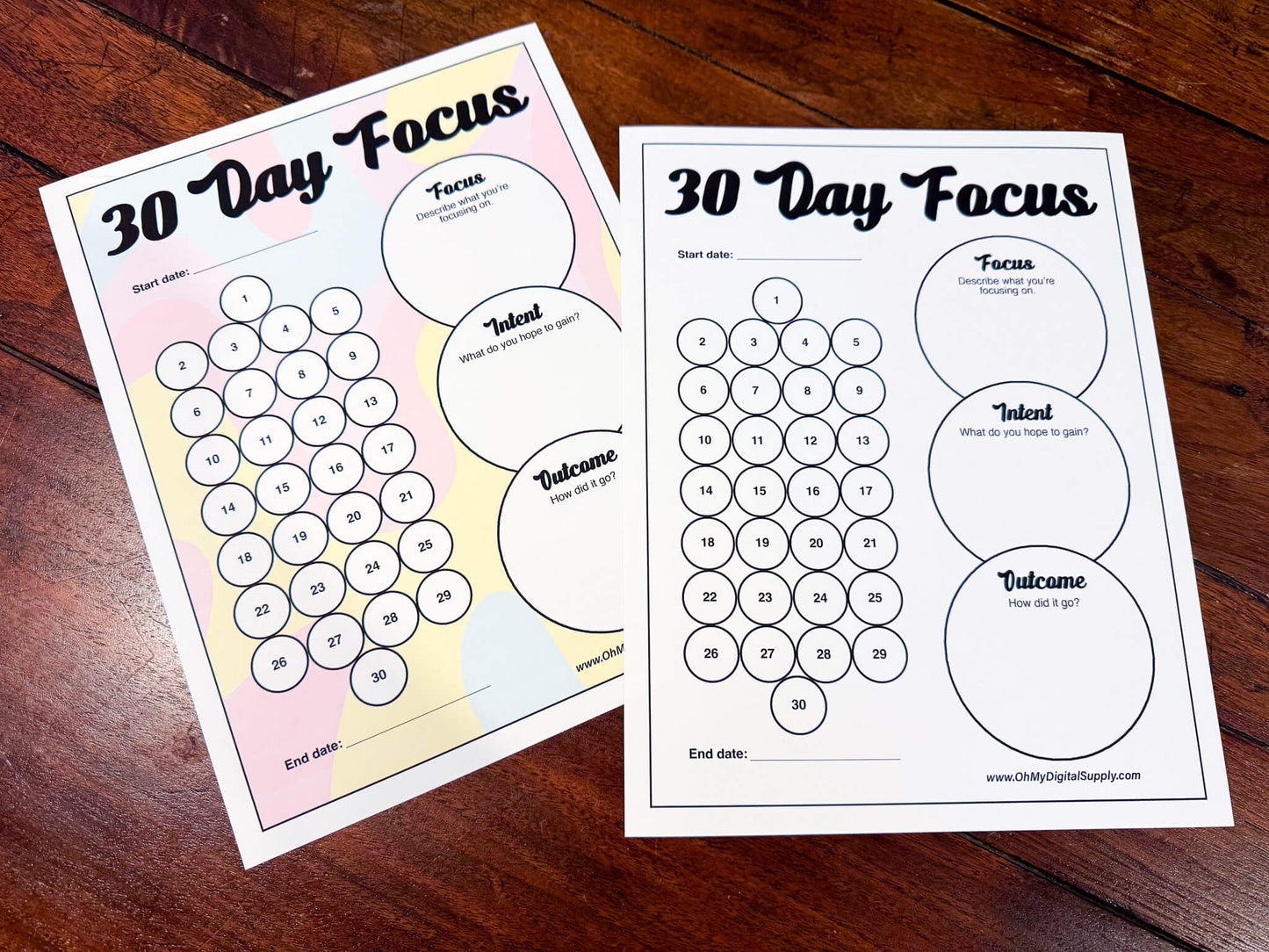 A 30, 60, and 90 Day Focus Worksheet for tracking daily goals, challenges, habits, and more. Each sheet has a space for writing down your focus, intent, and outcome. There are circles you can fill in or cross off each day to indicate you completed your daily focus goal.