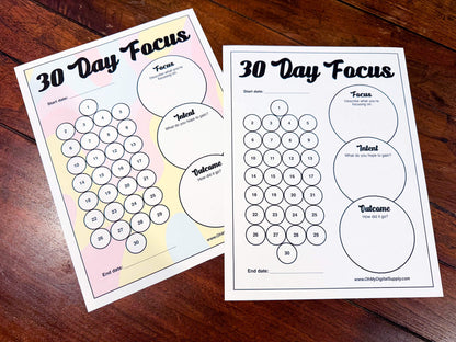 A 30, 60, and 90 Day Focus Worksheet for tracking daily goals, challenges, habits, and more. Each sheet has a space for writing down your focus, intent, and outcome. There are circles you can fill in or cross off each day to indicate you completed your daily focus goal.