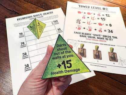 A printable Halloween horror Escape Room game called Tower of Terror for group team-building or playing as an icebreaker game. Various printable PDF sheets with puzzles, props, read-aloud story sheets, and facilitator instructions and guide.