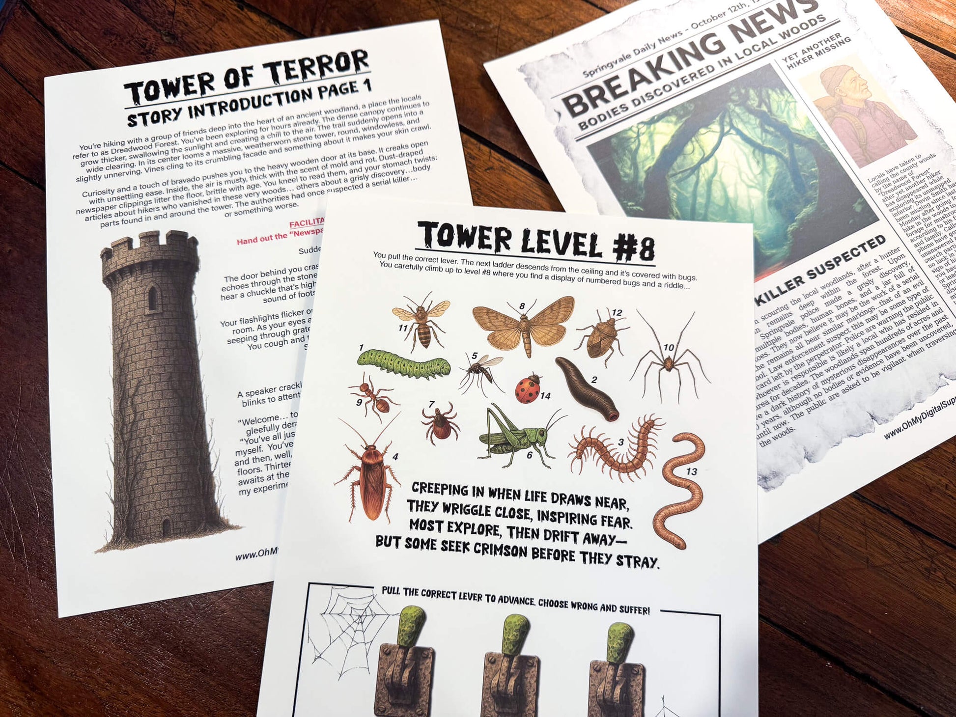 A printable Halloween horror Escape Room game called Tower of Terror for group team-building or playing as an icebreaker game. Various printable PDF sheets with puzzles, props, read-aloud story sheets, and facilitator instructions and guide.