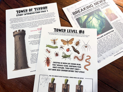 A printable Halloween horror Escape Room game called Tower of Terror for group team-building or playing as an icebreaker game. Various printable PDF sheets with puzzles, props, read-aloud story sheets, and facilitator instructions and guide.