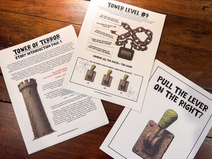 A printable Halloween horror Escape Room game called Tower of Terror for group team-building or playing as an icebreaker game. Various printable PDF sheets with puzzles, props, read-aloud story sheets, and facilitator instructions and guide.