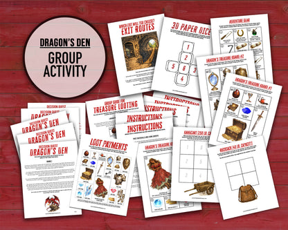 Decision Quest: Dragon's Den is a team-building activity and icebreaker game in the form of a printable PDF file. The activity includes read-aloud story sheets, item cutouts, a 3D paper dice, facilitator instructions, and everything you need to play through this adventure scenario.