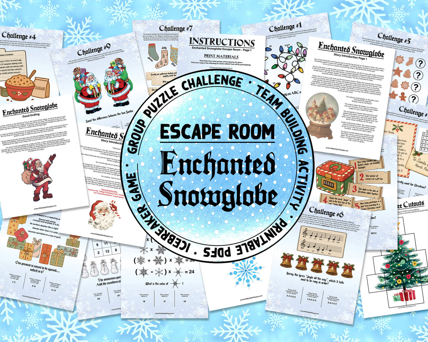 A printable Christmas Escape Room game called Enchanted Snowglobe for group team-building or playing as an icebreaker game. Various printable PDF sheets with holiday puzzles, read-aloud story sheets, and facilitator instructions.