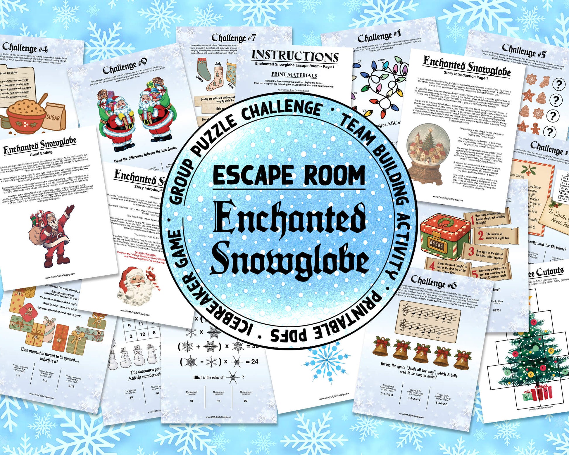 A printable Christmas Escape Room game called Enchanted Snowglobe for group team-building or playing as an icebreaker game. Various printable PDF sheets with holiday puzzles, read-aloud story sheets, and facilitator instructions.