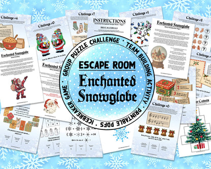 A printable Christmas Escape Room game called Enchanted Snowglobe for group team-building or playing as an icebreaker game. Various printable PDF sheets with holiday puzzles, read-aloud story sheets, and facilitator instructions.