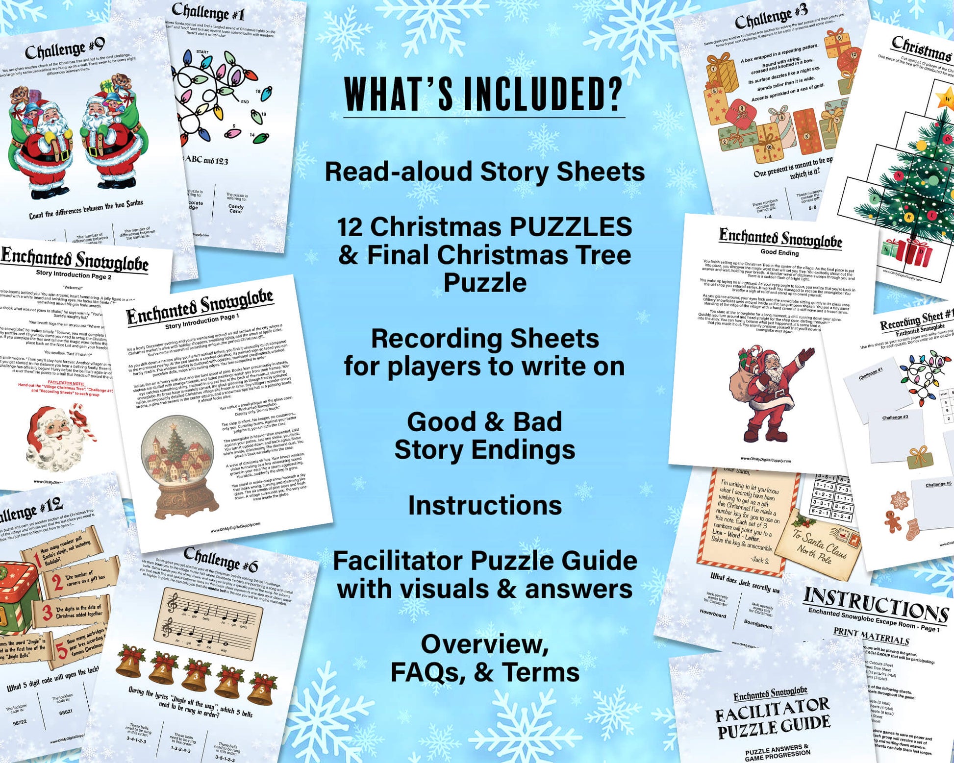 A printable Christmas Escape Room game called Enchanted Snowglobe for group team-building or playing as an icebreaker game. Various printable PDF sheets with holiday puzzles, read-aloud story sheets, and facilitator instructions.