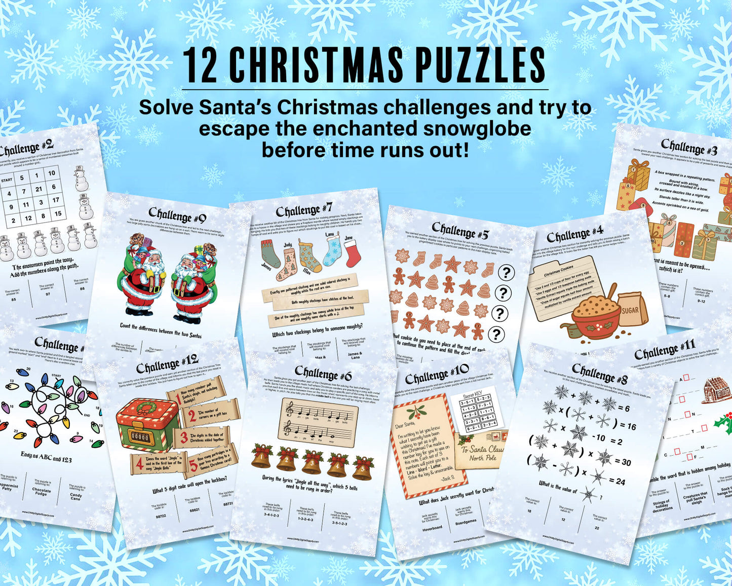 A printable Christmas Escape Room game called Enchanted Snowglobe for group team-building or playing as an icebreaker game. Various printable PDF sheets with holiday puzzles, read-aloud story sheets, and facilitator instructions.