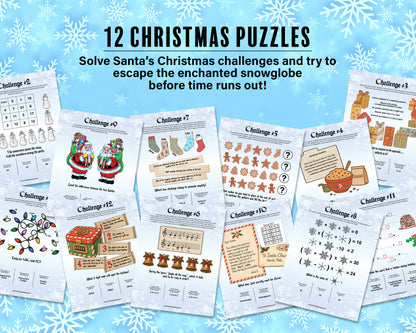 A printable Christmas Escape Room game called Enchanted Snowglobe for group team-building or playing as an icebreaker game. Various printable PDF sheets with holiday puzzles, read-aloud story sheets, and facilitator instructions.