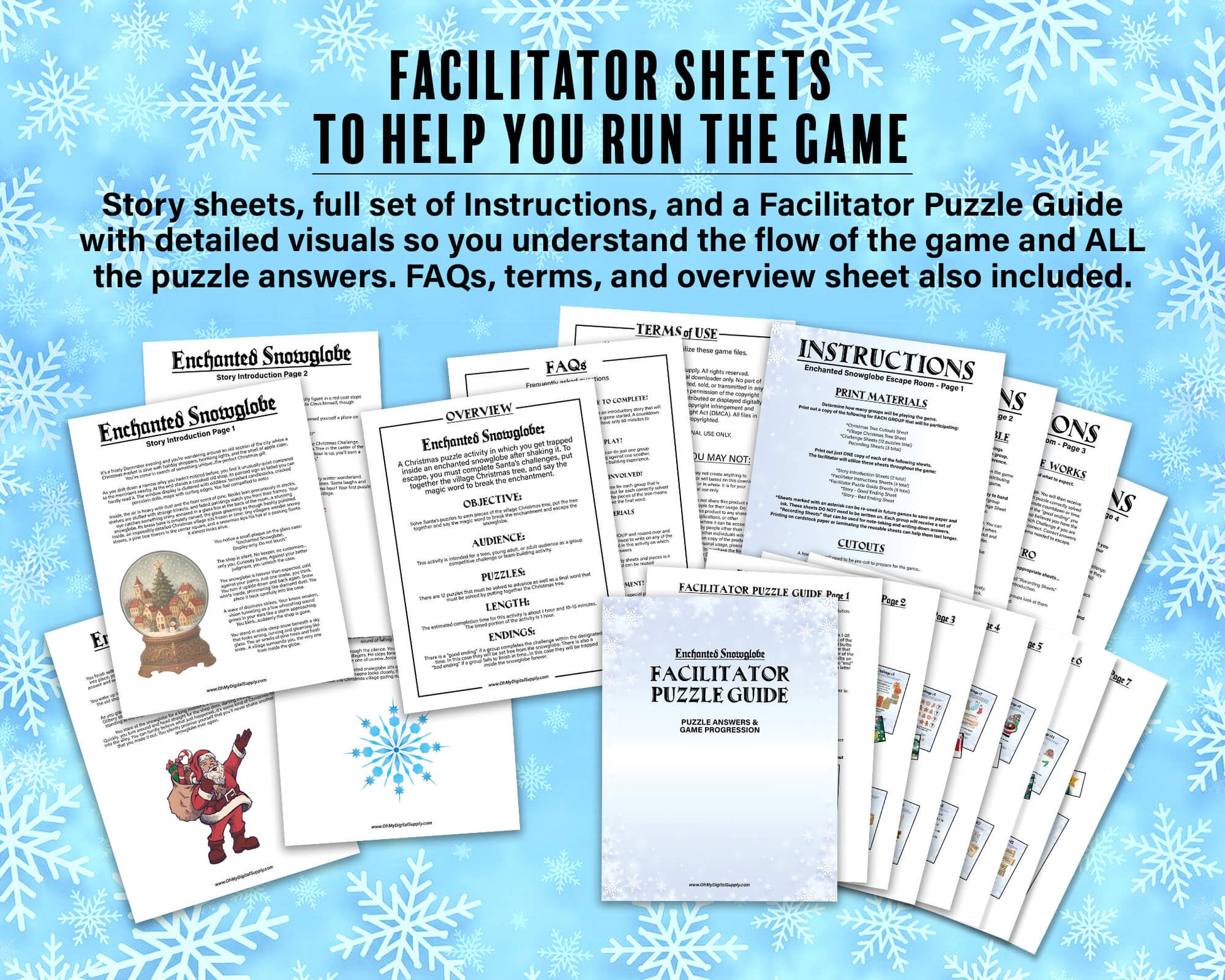 A printable Christmas Escape Room game called Enchanted Snowglobe for group team-building or playing as an icebreaker game. Various printable PDF sheets with holiday puzzles, read-aloud story sheets, and facilitator instructions.