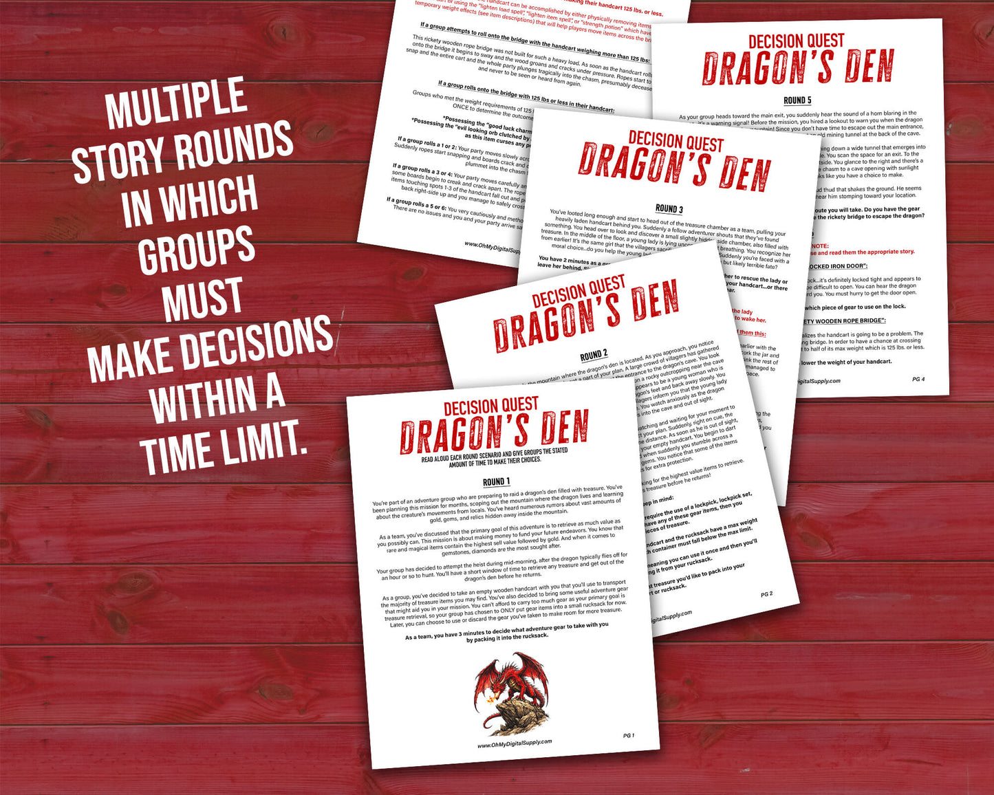 Decision Quest: Dragon's Den is a team-building activity and icebreaker game in the form of a printable PDF file. The activity includes read-aloud story sheets, item cutouts, a 3D paper dice, facilitator instructions, and everything you need to play through this adventure scenario.
