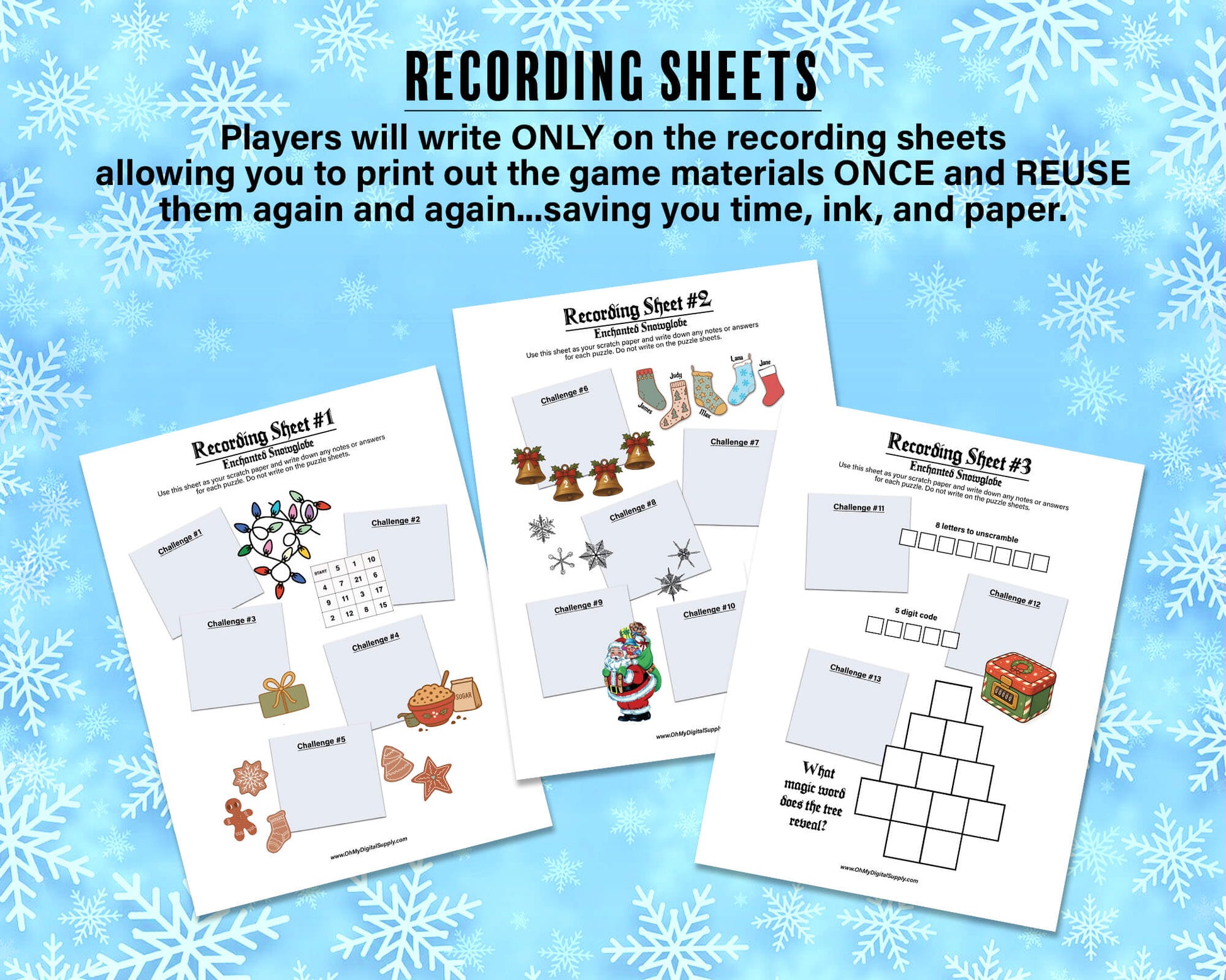 A printable Christmas Escape Room game called Enchanted Snowglobe for group team-building or playing as an icebreaker game. Various printable PDF sheets with holiday puzzles, read-aloud story sheets, and facilitator instructions.