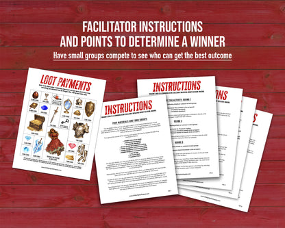 Decision Quest: Dragon's Den is a team-building activity and icebreaker game in the form of a printable PDF file. The activity includes read-aloud story sheets, item cutouts, a 3D paper dice, facilitator instructions, and everything you need to play through this adventure scenario.