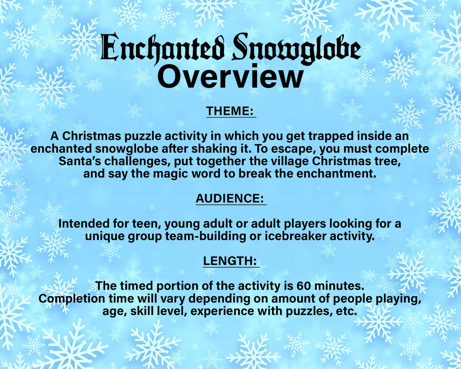 A printable Christmas Escape Room game called Enchanted Snowglobe for group team-building or playing as an icebreaker game. Various printable PDF sheets with holiday puzzles, read-aloud story sheets, and facilitator instructions.
