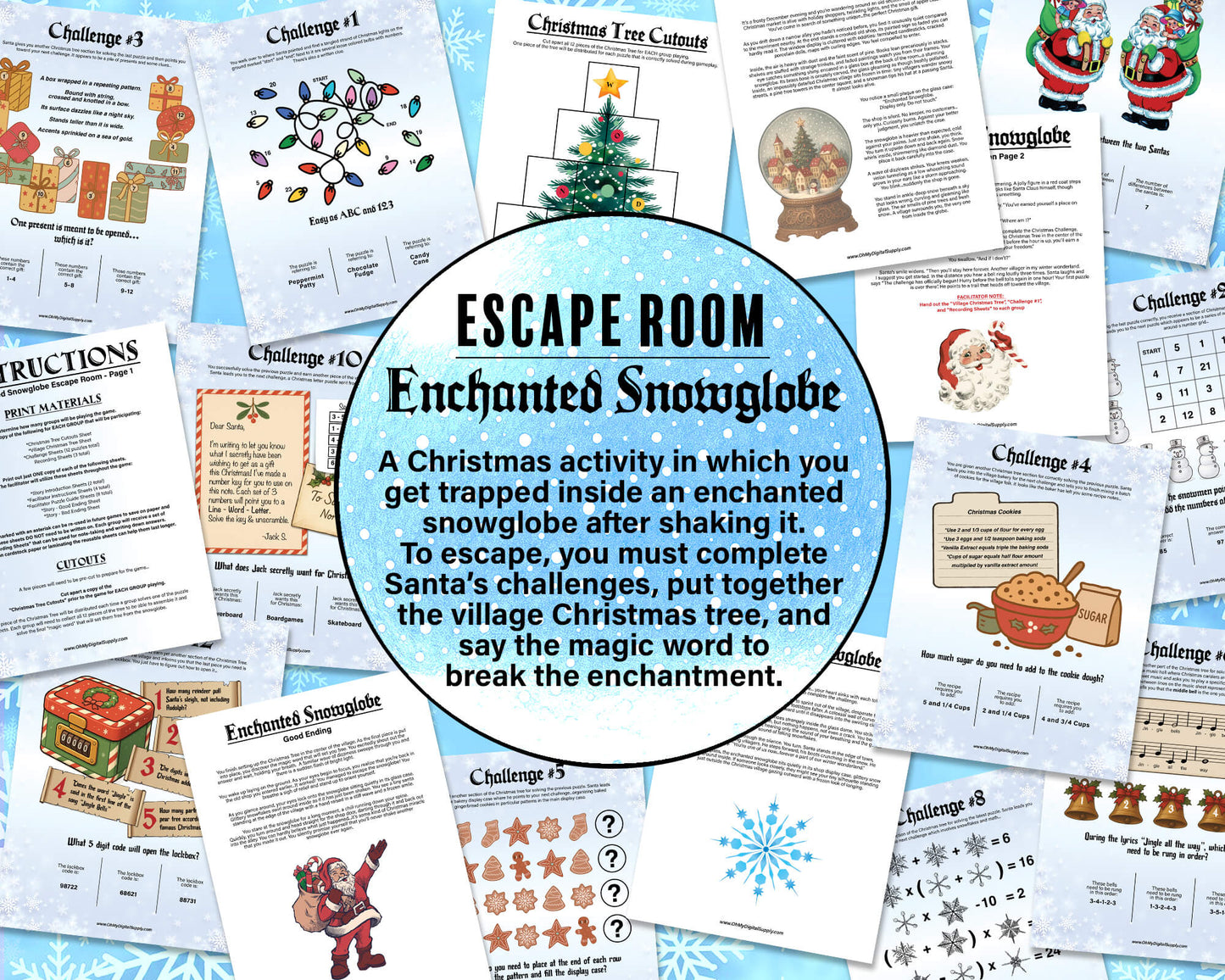 A printable Christmas Escape Room game called Enchanted Snowglobe for group team-building or playing as an icebreaker game. Various printable PDF sheets with holiday puzzles, read-aloud story sheets, and facilitator instructions.