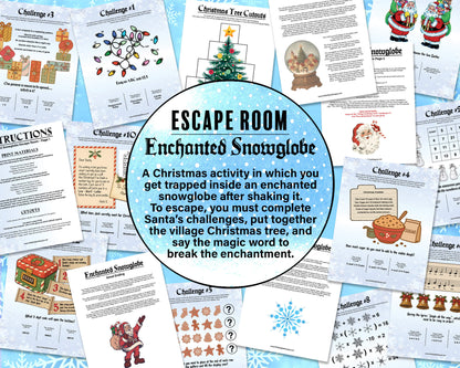 A printable Christmas Escape Room game called Enchanted Snowglobe for group team-building or playing as an icebreaker game. Various printable PDF sheets with holiday puzzles, read-aloud story sheets, and facilitator instructions.