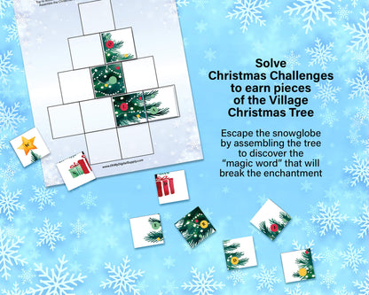 A printable Christmas Escape Room game called Enchanted Snowglobe for group team-building or playing as an icebreaker game. Various printable PDF sheets with holiday puzzles, read-aloud story sheets, and facilitator instructions.