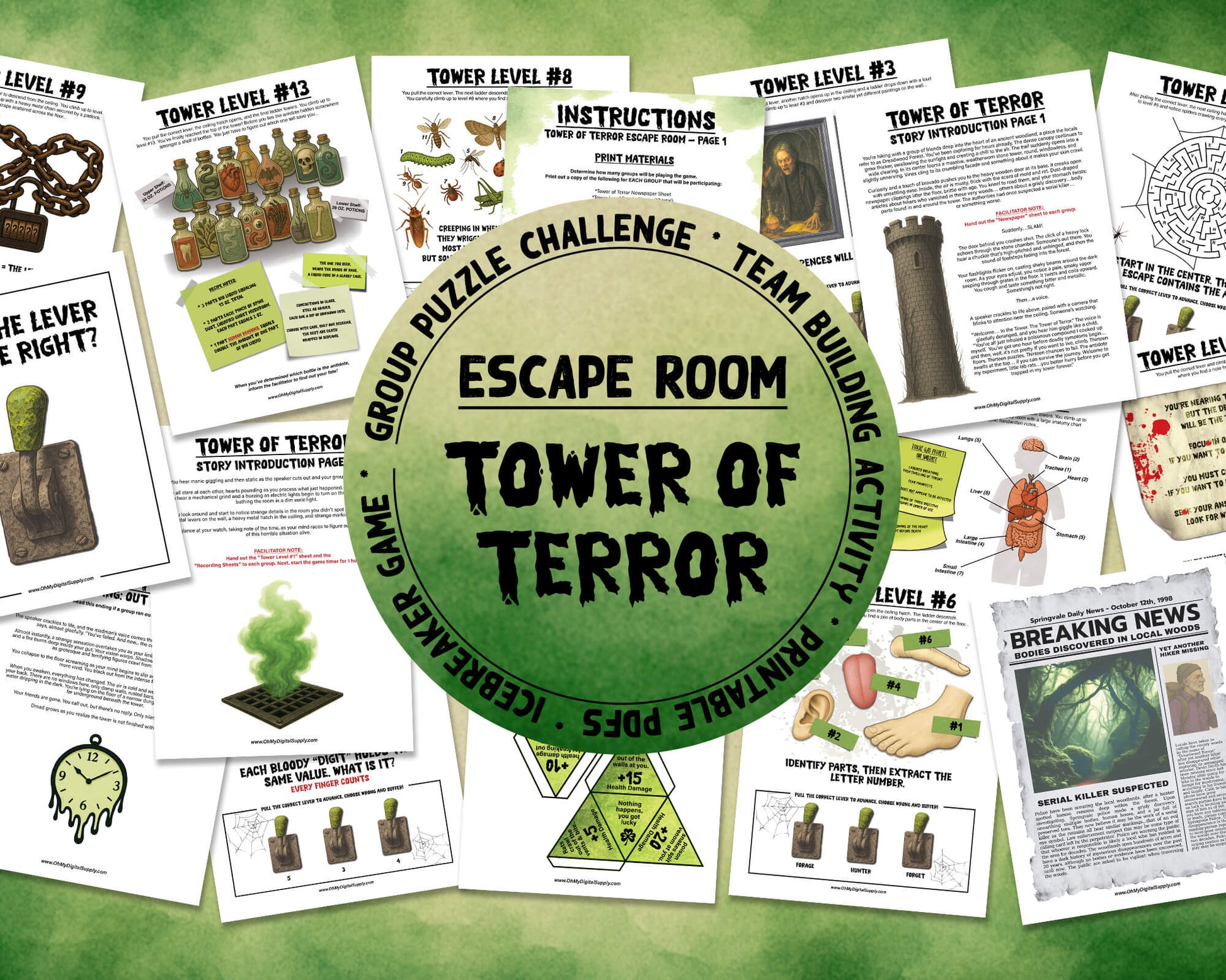 A printable Halloween horror Escape Room game called Tower of Terror for group team-building or playing as an icebreaker game. Various printable PDF sheets with puzzles, props, read-aloud story sheets, and facilitator instructions and guide.